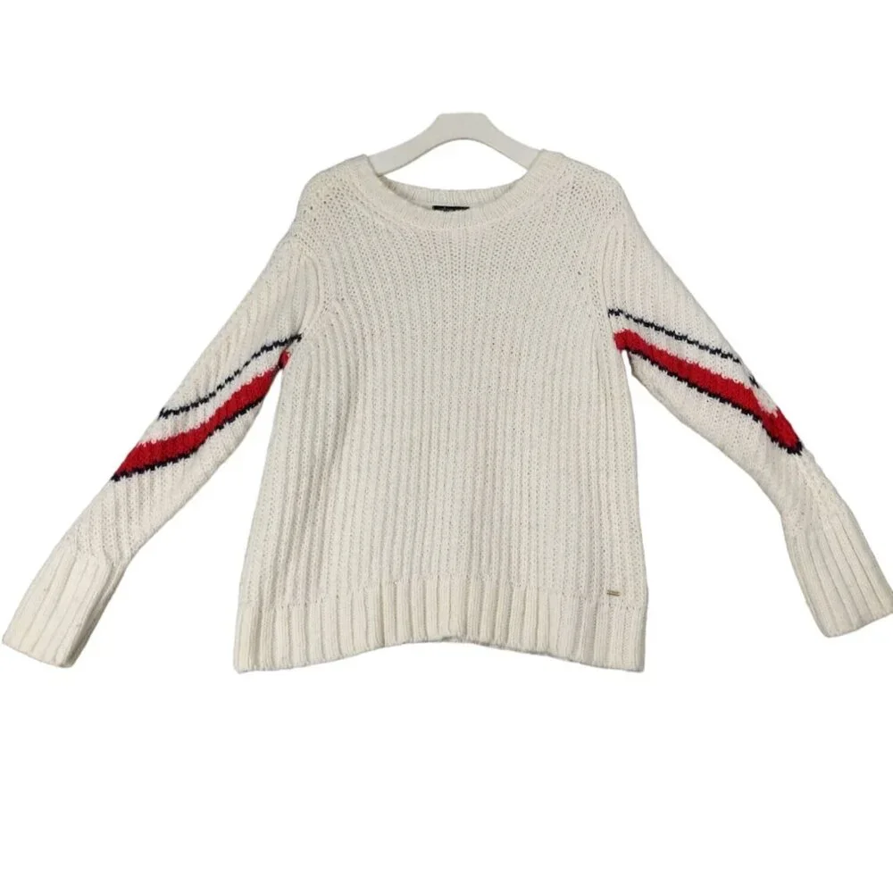 TOMMY HILFIGER Mens Sweater Size Small Alpaca‎ Wool White Knit Red Stripe Preppy